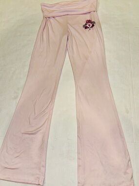 Arden B Light Pink Fold-Over Waist Flare Pants with Floral Patch